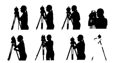 Black Solid Female Surveyor Total Station Silhouettes Set of Six on White Background isolated on plain white background.のイラスト素材