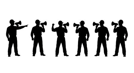 Black Solid Engineer Megaphone Silhouettes Set of Six on White Background isolated on plain white background.のイラスト素材