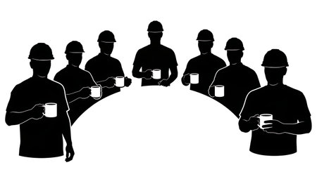 Black Solid Engineer Coffee Silhouettes Set of Six on White Background isolated on plain white background.のイラスト素材