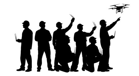 Black Solid Engineer Drone Pilot Silhouettes Set of Six on White Background isolated on plain white background.のイラスト素材