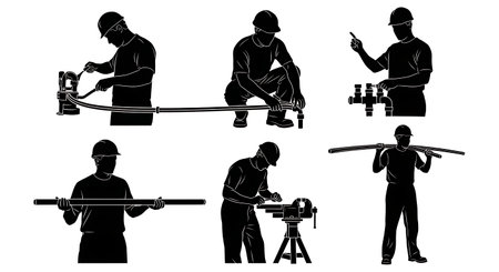 Black Solid Engineer Pipe Work Silhouettes Set of Six on White Background isolated on plain white background.のイラスト素材