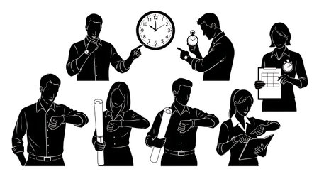 Black Solid Engineer Time Management Silhouettes Set of Six on White Background isolated on plain white background.のイラスト素材