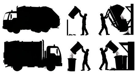 Black Solid Garbage Truck Lift Silhouettes Set of Six on White Background isolated on plain white background.のイラスト素材
