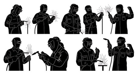 Black Solid Female Welder Professional Silhouettes Set of Six on White Background isolated on plain white background.のイラスト素材