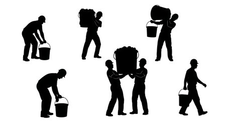 Black Solid Engineer Carrying Buckets Silhouettes Set of Six on White Background isolated on plain white background.のイラスト素材