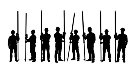 Black Solid Engineer Leveling Rod Silhouettes Set of Six on White Background isolated on plain white background.のイラスト素材