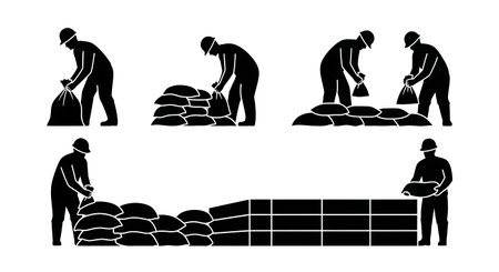 Black Solid Engineer Sandbag Silhouettes Set of Six on White Background isolated on plain white background.のイラスト素材