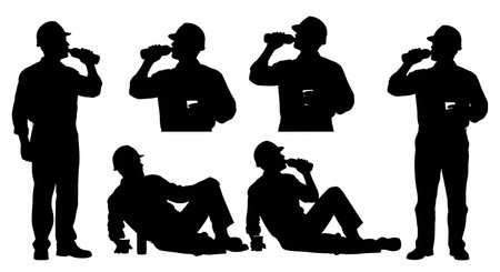 Black Solid Engineer Break Time Silhouettes Set of Six on White Background isolated on plain white background.のイラスト素材