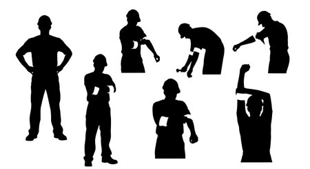 Black Solid Engineer Preparing Work Silhouettes Set of Six on White Background isolated on plain white background.のイラスト素材