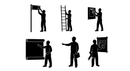 Black Solid Engineer Safety Sign Silhouettes Set of Six on White Background isolated on plain white background.のイラスト素材