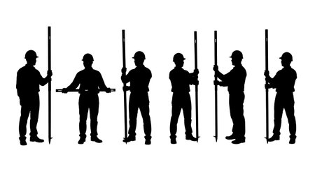 Black Solid Engineer Leveling Rod Silhouettes Set of Six on White Background isolated on plain white background.のイラスト素材