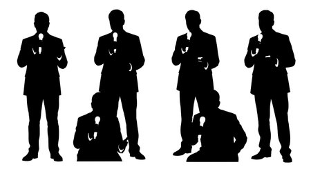 Black Solid Engineer Press Event Silhouettes Set of Six on White Background isolated on plain white background.のイラスト素材