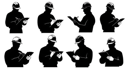 Black Solid Engineer Writing Silhouettes Set of Six on White Background isolated on plain white background.のイラスト素材