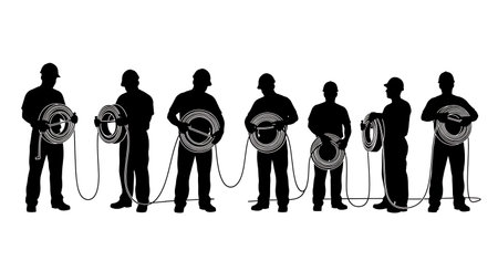 Black Solid Extension Cord Roll Silhouettes Set of Six on White Background isolated on plain white background.のイラスト素材