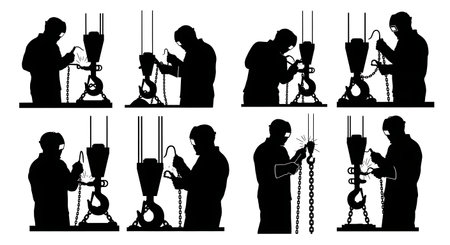 Black Solid Fire Escape Ladder Welder Silhouettes Set of Six on White Background isolated on plain white background.のイラスト素材