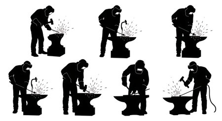 Black Solid Forge Welder Blacksmith Silhouettes Set of Six on White Background isolated on plain white background.のイラスト素材