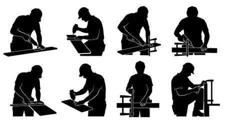Black Solid Joiner Glue and Clamp Silhouettes Set of Six on White Background isolated on plain white background.のイラスト素材