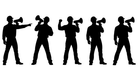 Black Solid Engineer Megaphone Silhouettes Set of Six on White Background isolated on plain white background.のイラスト素材