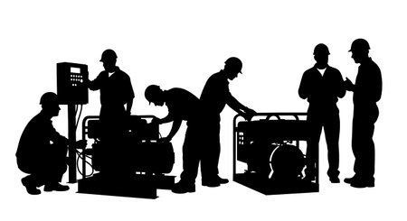 Black Solid Generator Maintenance Silhouettes Set of Six on White Background isolated on plain white background.のイラスト素材