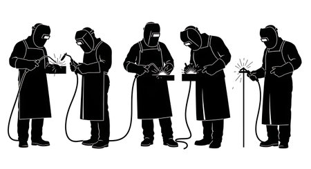 Black Solid Industrial Welder Standing Poses Set of Six on White Background isolated on plain white background.のイラスト素材