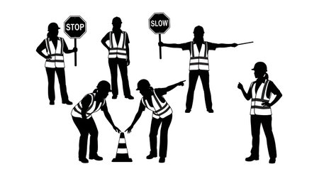 Black Solid Female Worker Traffic Sign Silhouettes Set of Six on White Background isolated on plain white background.のイラスト素材
