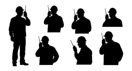 Black Solid Engineer Communication Silhouettes Set of Six on White Background isolated on plain white background.のイラスト素材