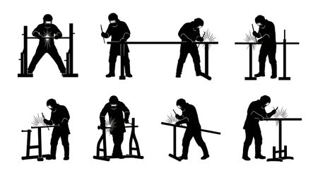 Black Solid Gym Equipment Welder Silhouettes Set of Six on White Background isolated on plain white background.のイラスト素材