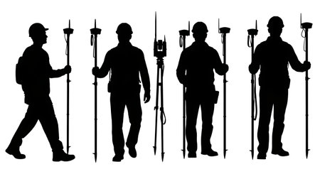 Black Solid GPS Rover Pole Surveyor Silhouettes Set of Six on White Background isolated on plain white background.のイラスト素材