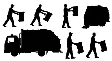 Black Solid Garbage Truck Lift Silhouettes Set of Six on White Background isolated on plain white background.のイラスト素材