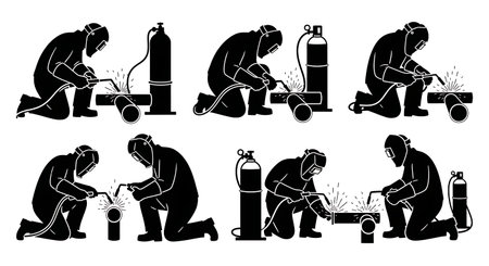 Black Solid Kneeling Welder Pipe Repair Silhouettes Set of Six on White Background isolated on plain white background.のイラスト素材