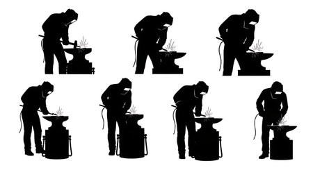 Black Solid Forge Welder Blacksmith Silhouettes Set of Six on White Background isolated on plain white background.のイラスト素材