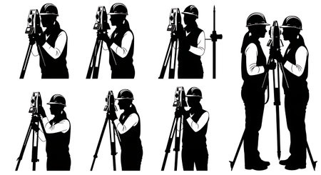 Black Solid Female Surveyor Total Station Silhouettes Set of Six on White Background isolated on plain white background.のイラスト素材
