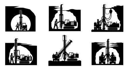 Black Solid Jumbo Drill Tunnel Silhouettes Set of Six on White Background isolated on plain white background.のイラスト素材