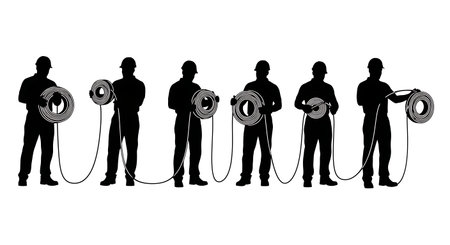 Black Solid Extension Cord Roll Silhouettes Set of Six on White Background isolated on plain white background.のイラスト素材