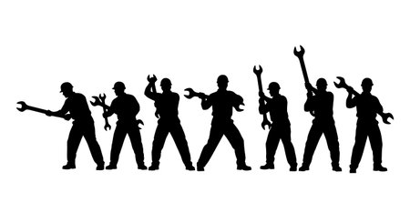 Black Solid Engineer Wrench Silhouettes Set of Six on White Background isolated on plain white background.のイラスト素材