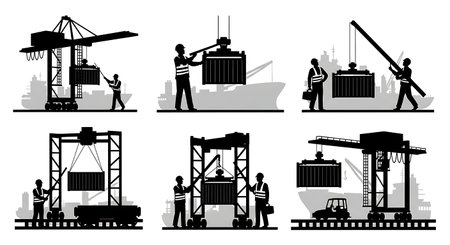 Black Solid Gantry Crane Operator Silhouettes Set of Six on White Background isolated on plain white background.のイラスト素材