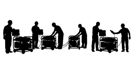 Black Solid Generator Maintenance Silhouettes Set of Six on White Background isolated on plain white background.のイラスト素材