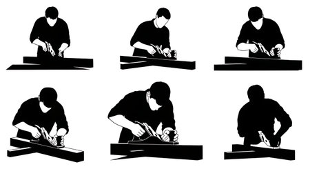 Black Solid Joiner Hand Plane Silhouettes Set of Six on White Background isolated on plain white background.のイラスト素材