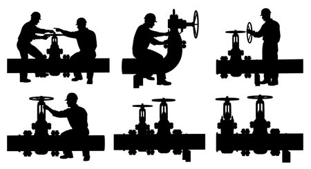 Black Solid Engineer Thumbs Up Silhouettes Set of Six on White Background isolated on plain white background.のイラスト素材