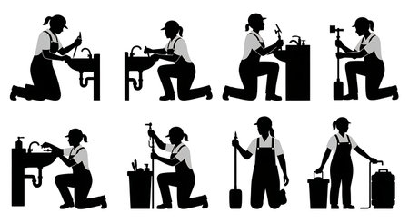 Black Solid Female Plumber Repair Action Silhouettes Set of Six on White Background isolated on plain white background.のイラスト素材