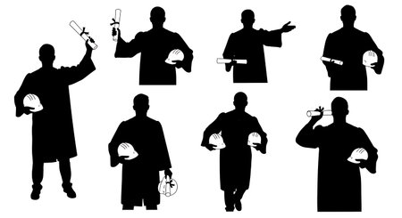 Black Solid Graduate Engineer Silhouettes Set of Six on White Background isolated on plain white background.のイラスト素材