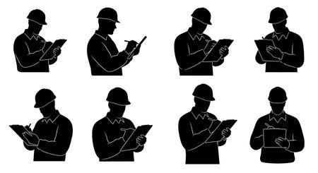 Black Solid Engineer Writing Silhouettes Set of Six on White Background isolated on plain white background.のイラスト素材