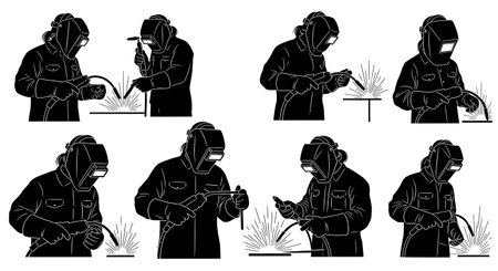 Black Solid Female Welder Professional Silhouettes Set of Six on White Background isolated on plain white background.のイラスト素材