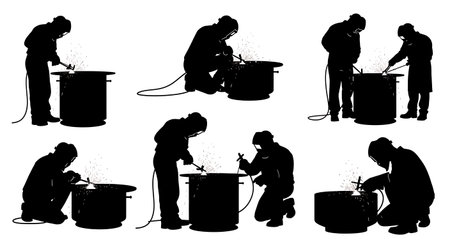 Black Solid Fire Pit BBQ Welder Silhouettes Set of Six on White Background isolated on plain white background.のイラスト素材