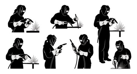 Black Solid Female Welder Professional Silhouettes Set of Six on White Background isolated on plain white background.のイラスト素材