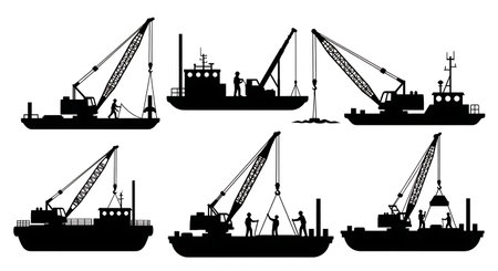 Black Solid Floating Crane Marine Silhouettes Set of Six on White Background isolated on plain white background.のイラスト素材