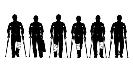 Black Solid Injured Engineer Silhouettes Set of Six on White Background isolated on plain white background.のイラスト素材