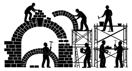 Black Solid Masons Building Arches Silhouettes Set of Six on White Background isolated on plain white background.のイラスト素材