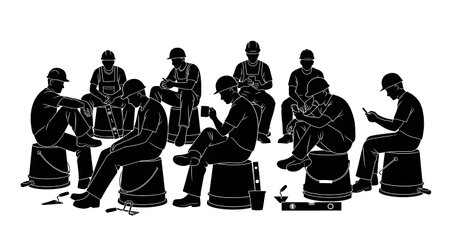 Black Solid Masons Sitting on Buckets Silhouettes Set of Six on White Background isolated on plain white background.のイラスト素材