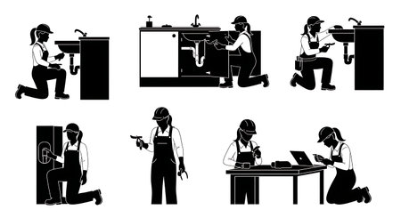 Black Solid Female Plumber Repair Action Silhouettes Set of Six on White Background isolated on plain white background.のイラスト素材